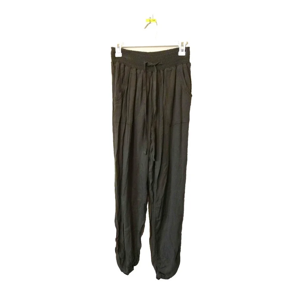 Ci Sono Womens Khaki Wide Leg 100% Rayon Pants Boho Coastal Smocked Waist Sz L - Picture 2 of 10